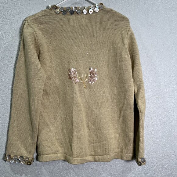 Storybook Knits Cardigan Womens S Tan Knit Embellished Beaded Floral Cottage - Picture 6 of 8